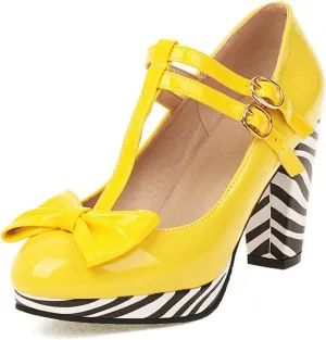 Women's Fashion T-Strap Pumps Platform Striped Chunky High Heel Bow Mary Jane Round Toe Dress Shoes