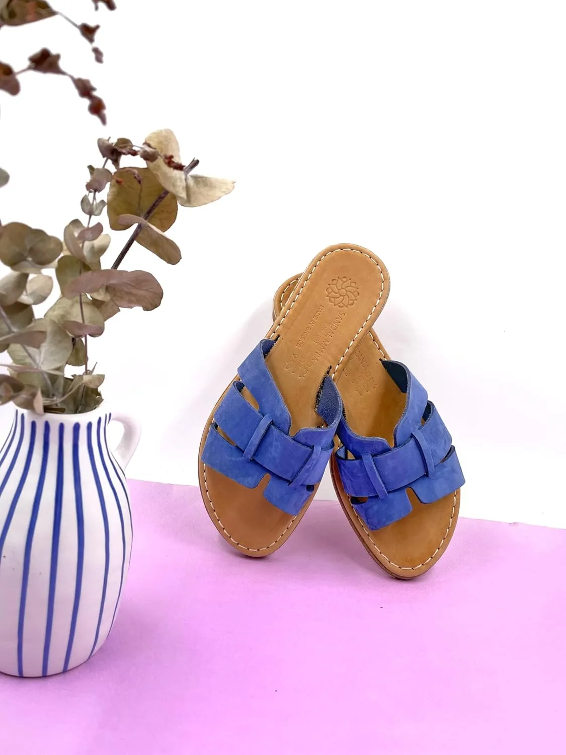 Women's Flat Sandals from Genuine Leather Blue, Slip On Handmade Sandals, Greek Sandals for Women, Gift for Her, Handmade Leather Greek Sandals Blue (7)