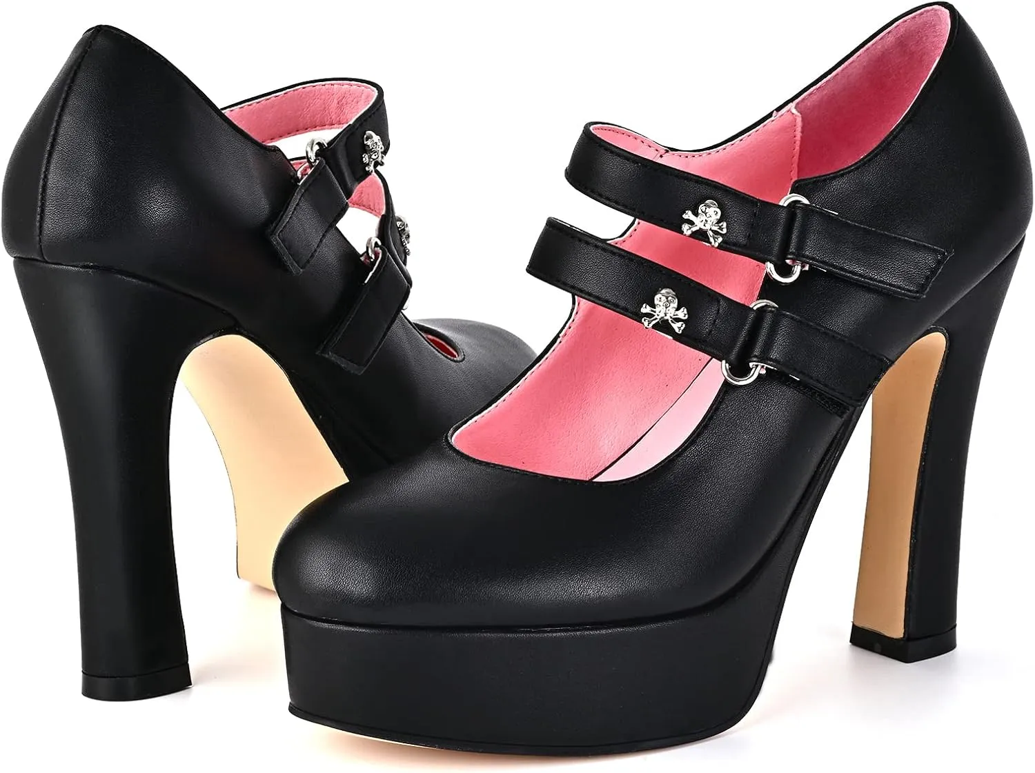 Women's Gothic Platform Double Ankle Strap Mary Jane Block High Heel Pumps Hook and Loop Skull Decoration Shoes