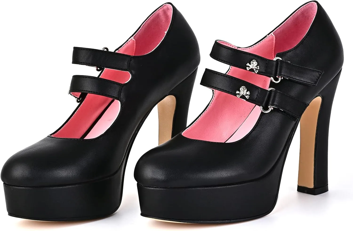 Women's Gothic Platform Double Ankle Strap Mary Jane Block High Heel Pumps Hook and Loop Skull Decoration Shoes