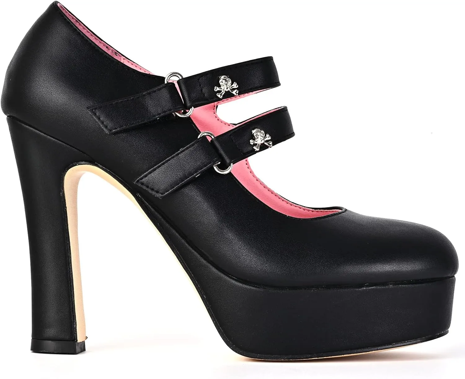 Women's Gothic Platform Double Ankle Strap Mary Jane Block High Heel Pumps Hook and Loop Skull Decoration Shoes