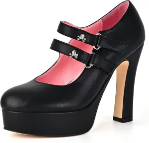 Women's Gothic Platform Double Ankle Strap Mary Jane Block High Heel Pumps Hook and Loop Skull Decoration Shoes