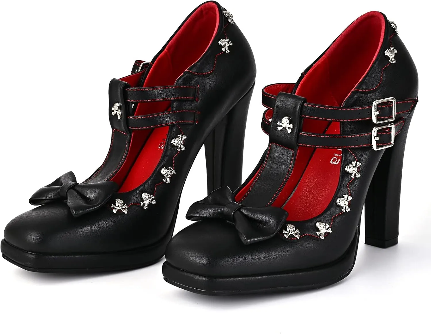 Women's Gothic T-Strap Mary Jane Block High Heel Pumps Closed Toe Buckle Strap Skull Decoration Shoes with Bow