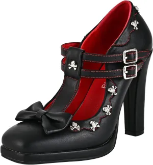 Women's Gothic T-Strap Mary Jane Block High Heel Pumps Closed Toe Buckle Strap Skull Decoration Shoes with Bow