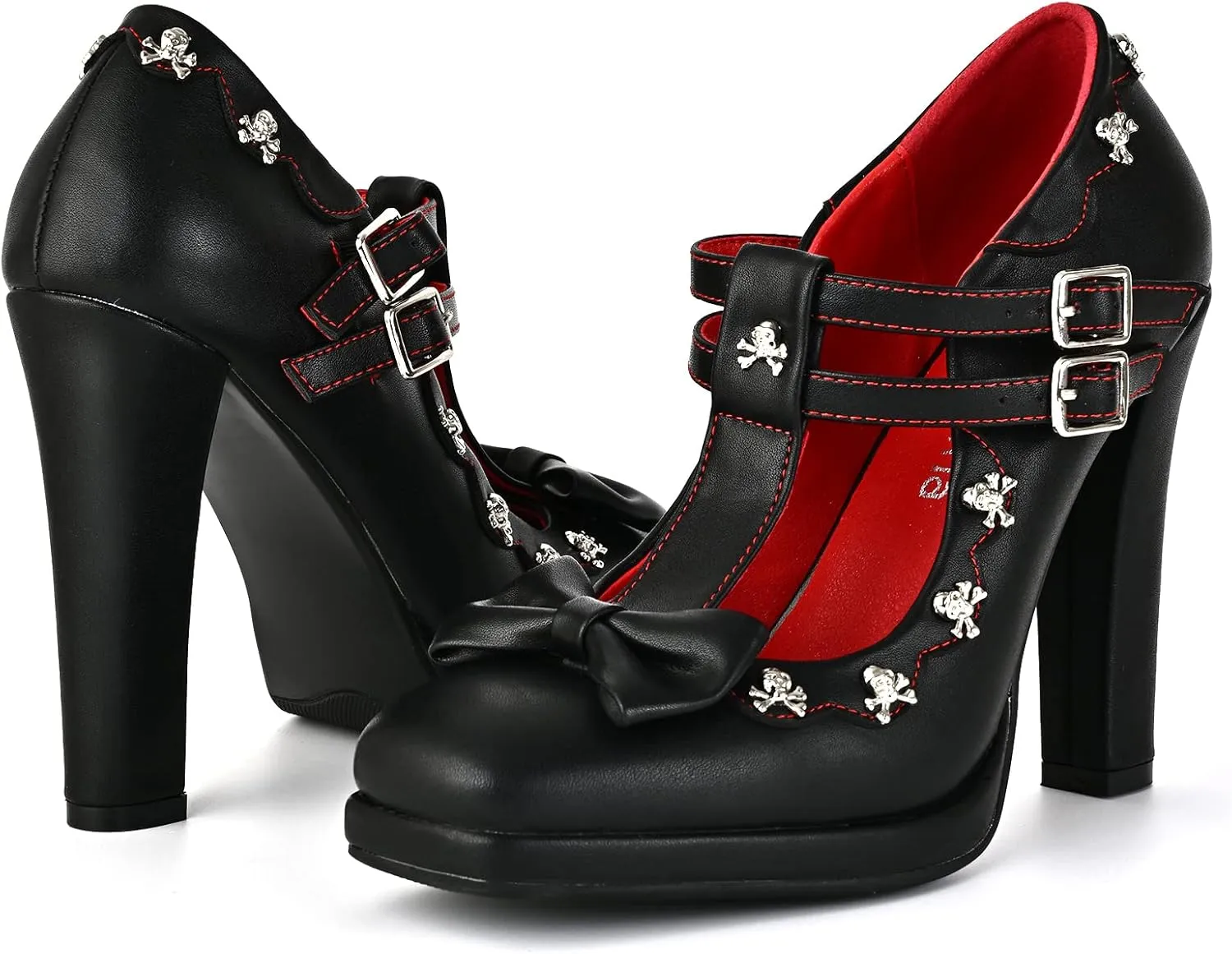 Women's Gothic T-Strap Mary Jane Block High Heel Pumps Closed Toe Buckle Strap Skull Decoration Shoes with Bow