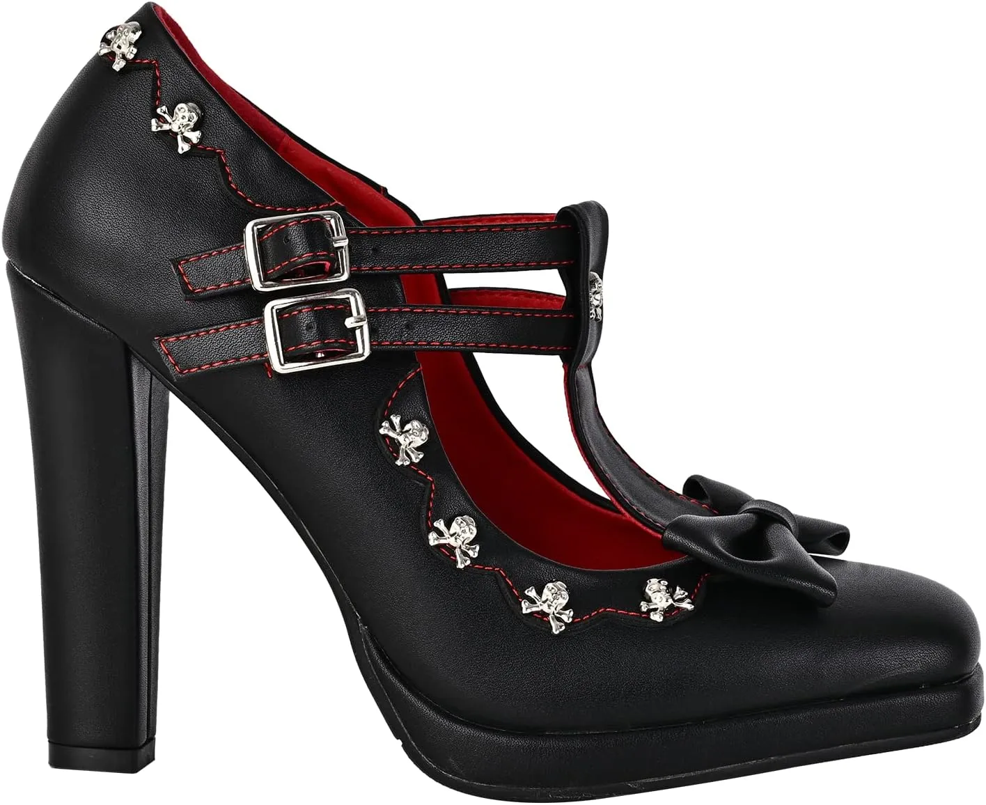 Women's Gothic T-Strap Mary Jane Block High Heel Pumps Closed Toe Buckle Strap Skull Decoration Shoes with Bow