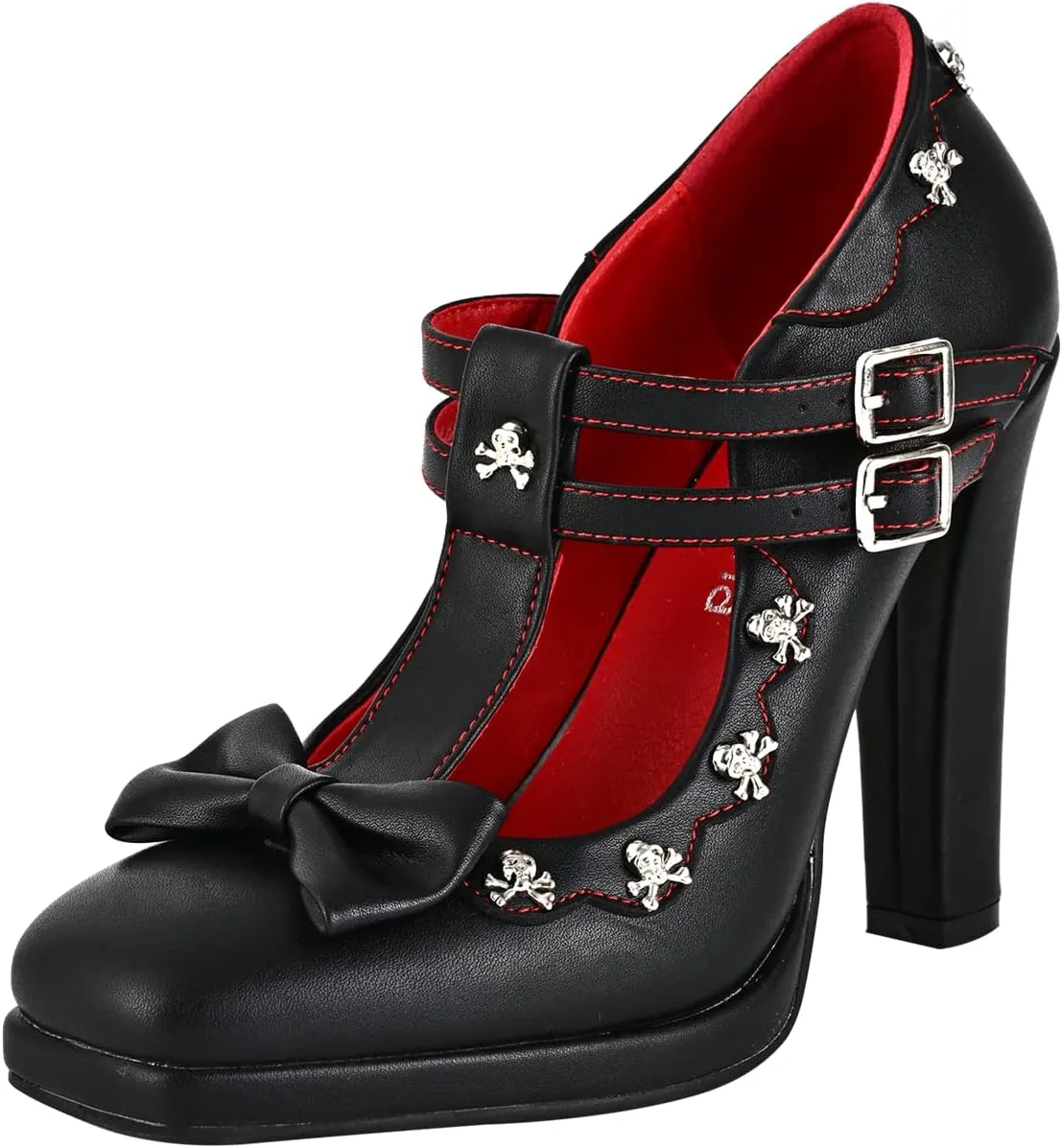 Women's Gothic T-Strap Mary Jane Block High Heel Pumps Closed Toe Buckle Strap Skull Decoration Shoes with Bow