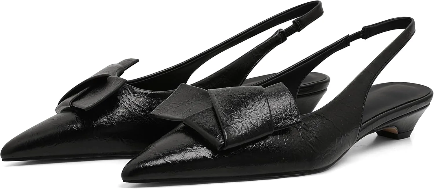 Women's Kitten Heels Black Pumps Dress Shoes Low Heel Wedding Slingback Pointed Toe Bridal Shoes