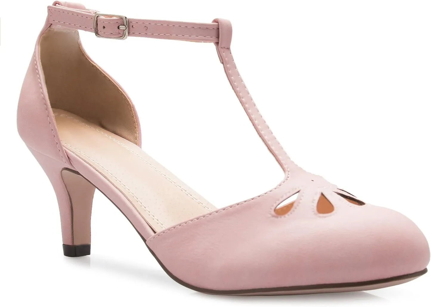 Women's Kitten Low Heels T-Strap Pumps - Adorable Vintage Retro Shoes with T Strap - Unique Upper Cut Out Design