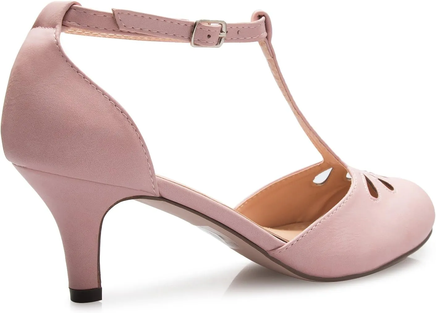 Women's Kitten Low Heels T-Strap Pumps - Adorable Vintage Retro Shoes with T Strap - Unique Upper Cut Out Design