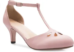Women's Kitten Low Heels T-Strap Pumps - Adorable Vintage Retro Shoes with T Strap - Unique Upper Cut Out Design