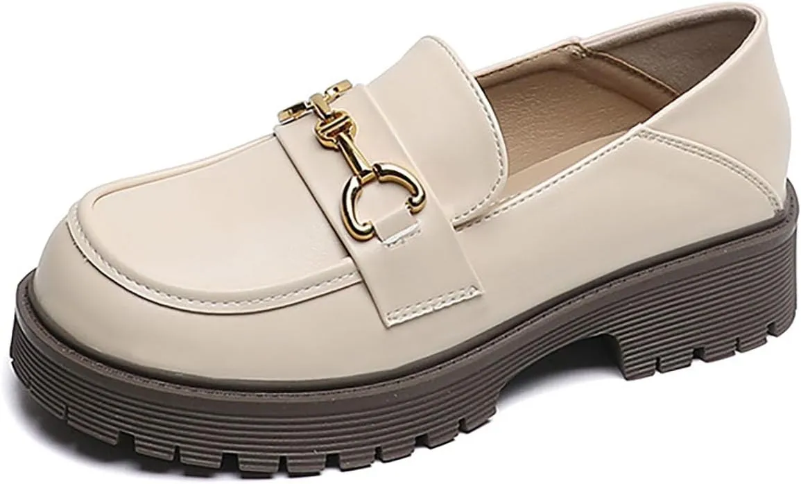Women's Leather Classic Platform Chunky Loafers,Comfortable Slip-On Round Toe Lug Sole Business Casual Formal Work Shoes
