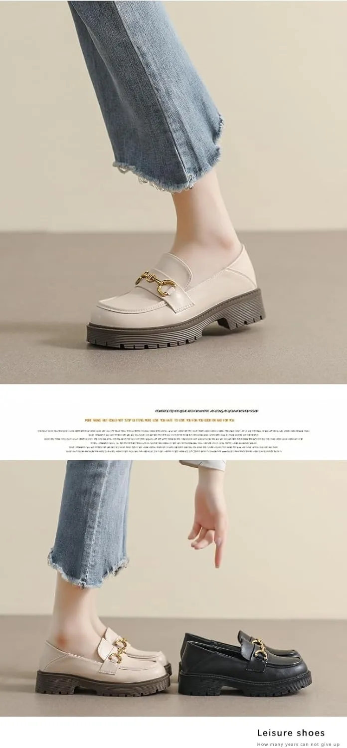 Women's Leather Classic Platform Chunky Loafers,Comfortable Slip-On Round Toe Lug Sole Business Casual Formal Work Shoes