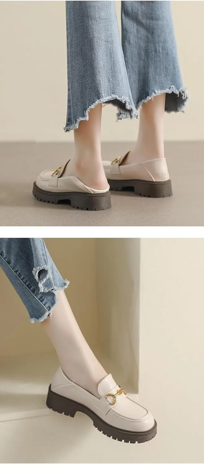Women's Leather Classic Platform Chunky Loafers,Comfortable Slip-On Round Toe Lug Sole Business Casual Formal Work Shoes
