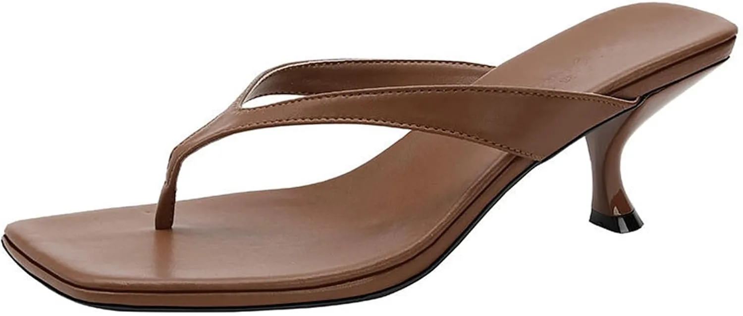 Women'S Leather Kitten Heel Flip Flops Summer Square Open Toe Slip-On High Heel Clip Toe Sandals Leisure Beach Parties Slide Sandals