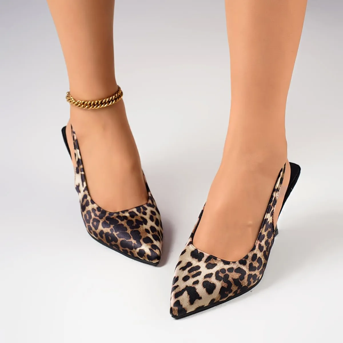 Women's Leopard Print Slingback Pumps, Pointed Toe Kitten Heel Shoes