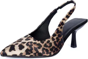 Women's Leopard Print Slingback Pumps, Pointed Toe Kitten Heel Shoes