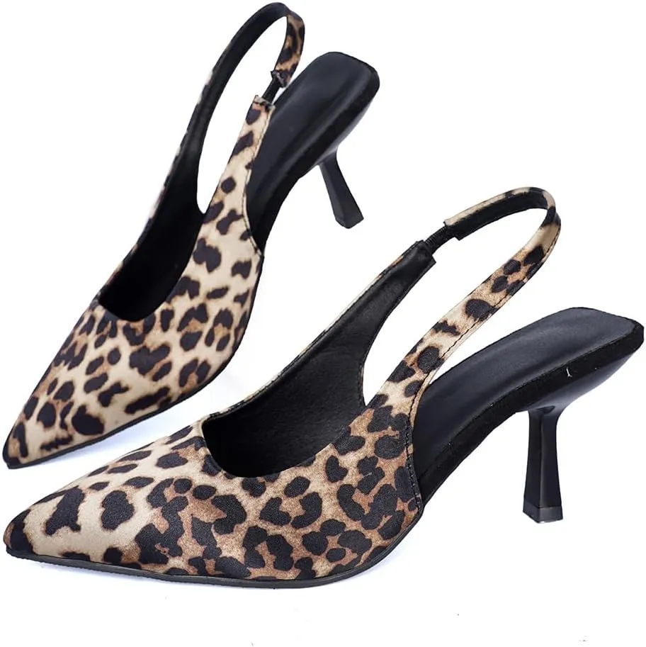 Women's Leopard Print Slingback Pumps, Pointed Toe Kitten Heel Shoes