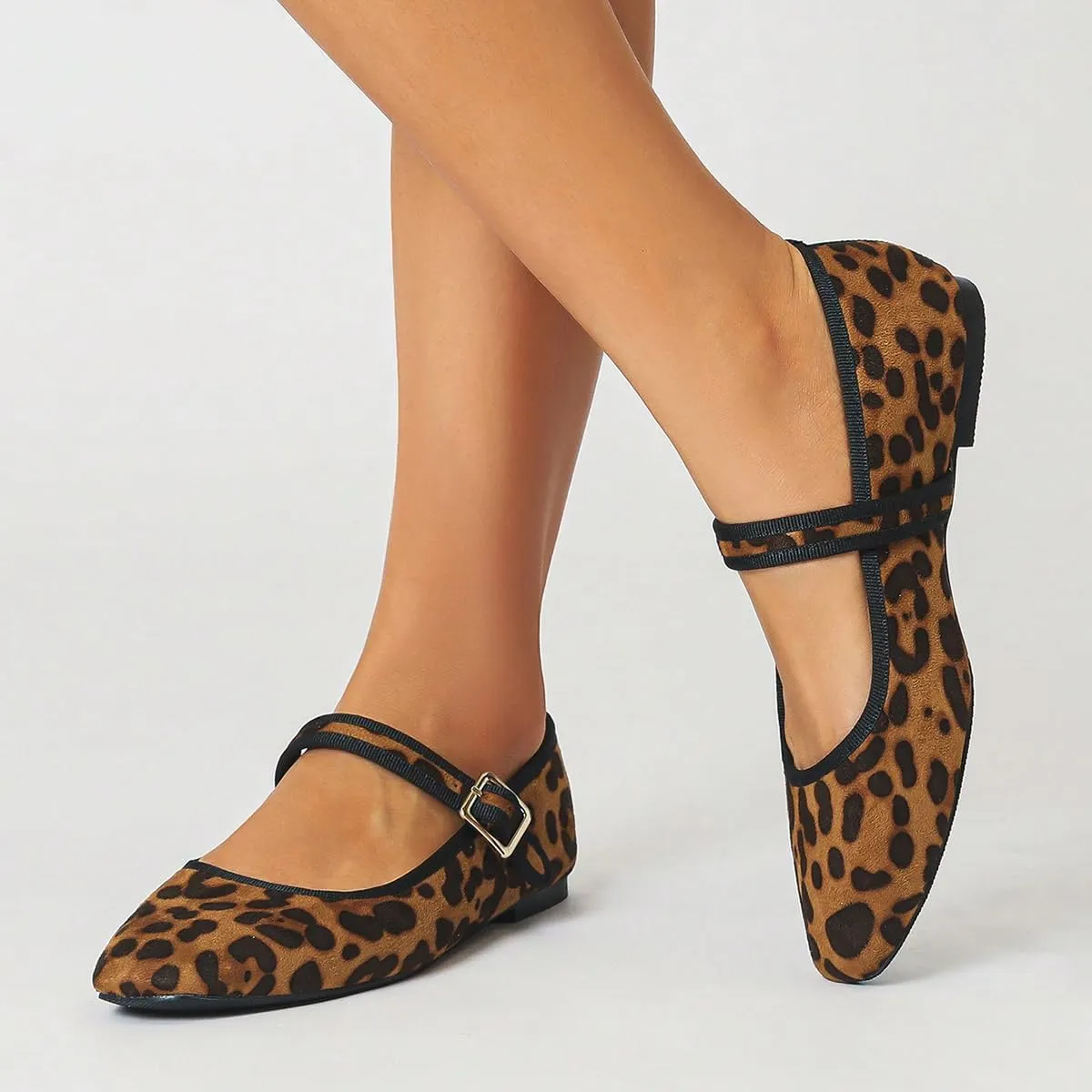 Women's Leopard Print Square Toe Soft Bottom Flat Shoes, with Back Strap Hem Design, Simple Retro Mary Jane Style Slip-on Fashionable and Comfortable Casual Shoes