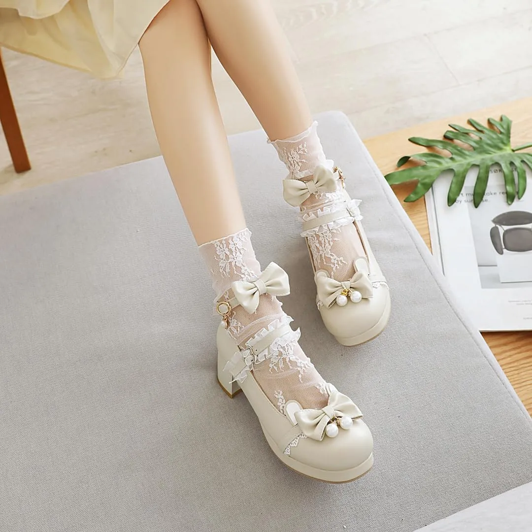 Women's Lolita Mary Jane Heels with Bow, Kawaii Chunky Block Ankle Strap Cosplay Shoes, Cute Dress Platform Mary Jane Pumps