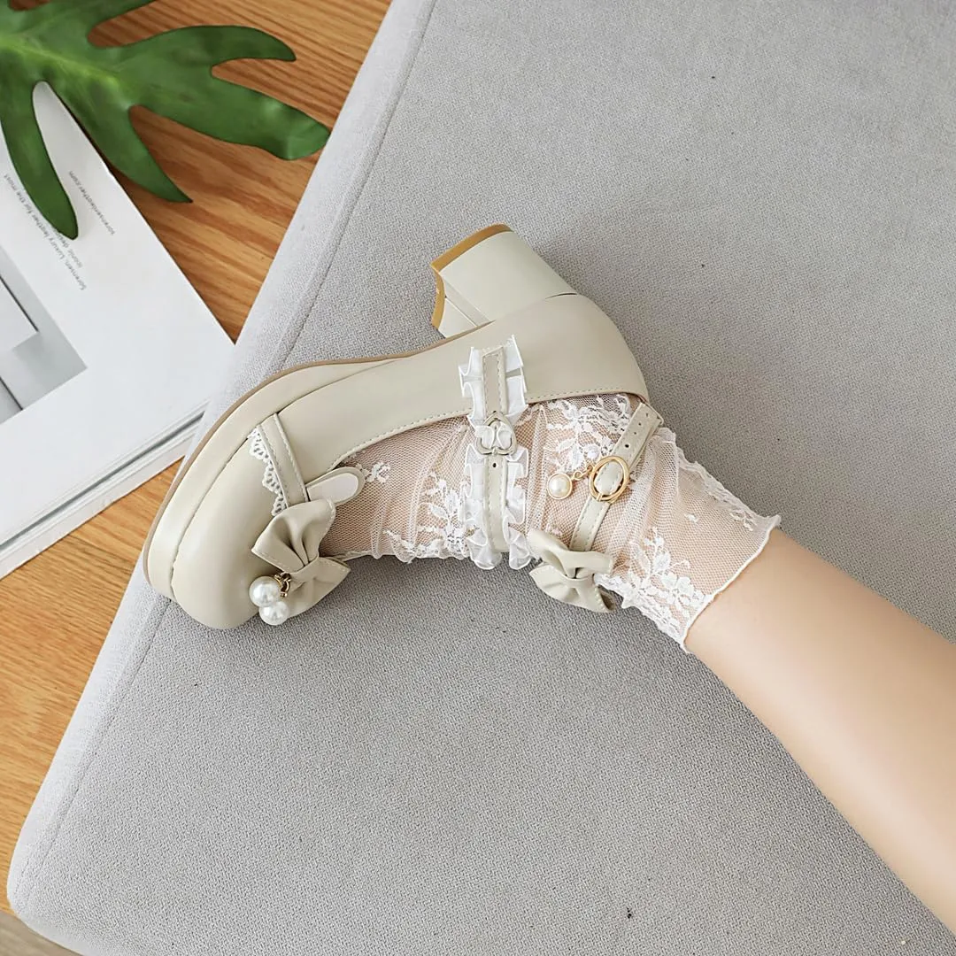 Women's Lolita Mary Jane Heels with Bow, Kawaii Chunky Block Ankle Strap Cosplay Shoes, Cute Dress Platform Mary Jane Pumps