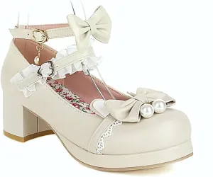 Women's Lolita Mary Jane Heels with Bow, Kawaii Chunky Block Ankle Strap Cosplay Shoes, Cute Dress Platform Mary Jane Pumps