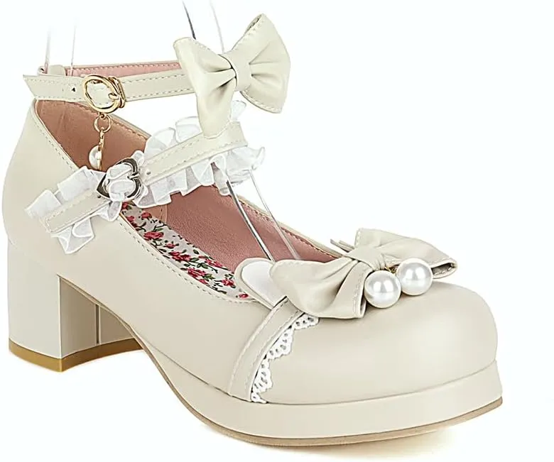 Women's Lolita Mary Jane Heels with Bow, Kawaii Chunky Block Ankle Strap Cosplay Shoes, Cute Dress Platform Mary Jane Pumps