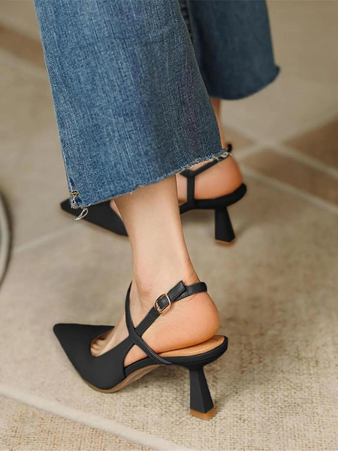 Womens Low Kitten Heel Closed Pointed Toe Slingback Pumps Heels Slip On Heeled Sandals Dress Shoes