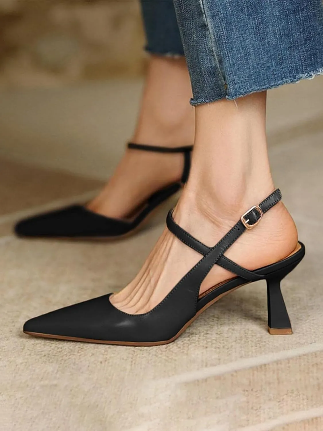 Womens Low Kitten Heel Closed Pointed Toe Slingback Pumps Heels Slip On Heeled Sandals Dress Shoes