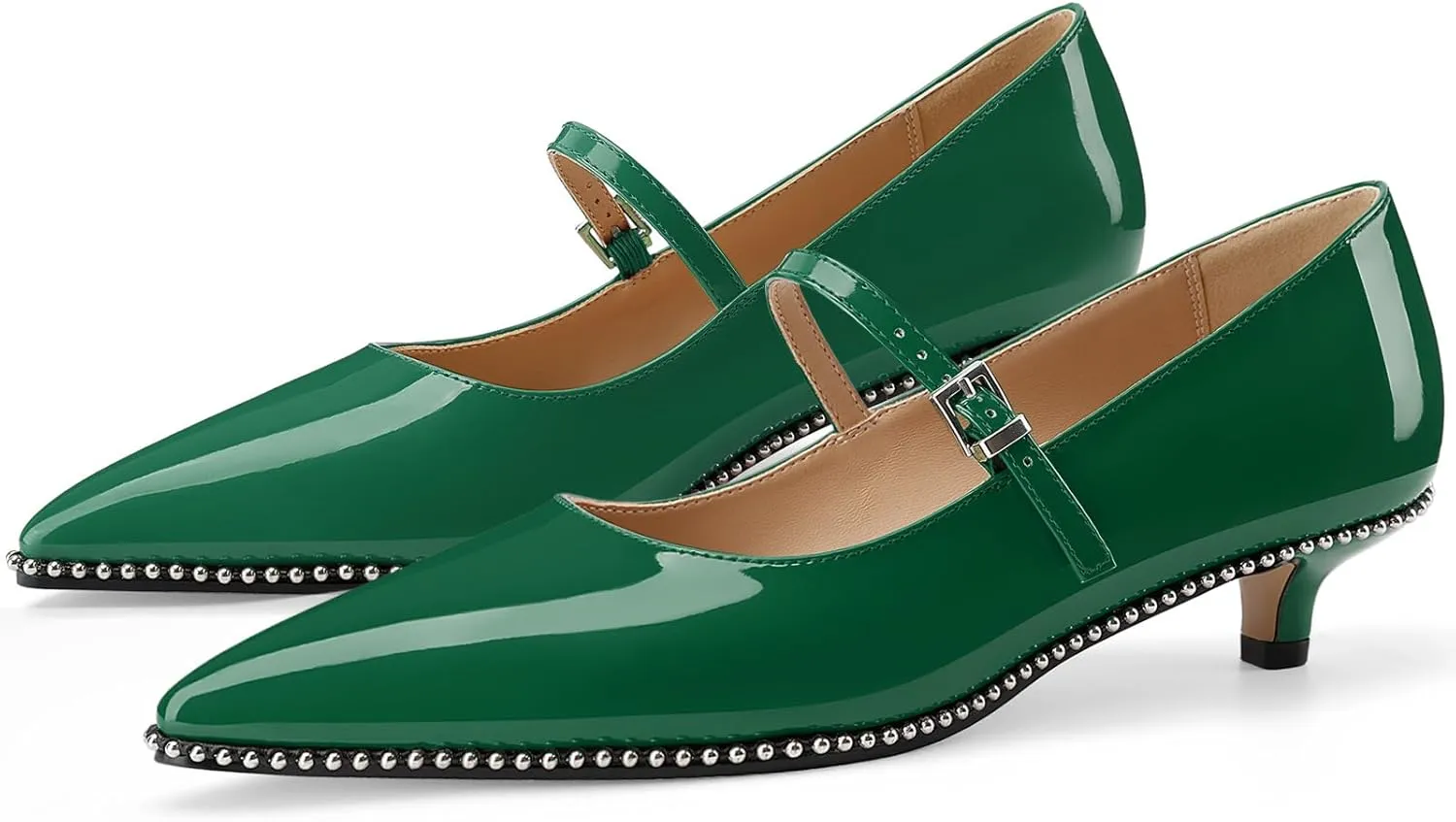 Women's Low Kitten Heels Patent Leather Beaded Pumps Pointed Toe Dressy Mary Jane Heels with Strap Metal Buckle for Ladies Sexy