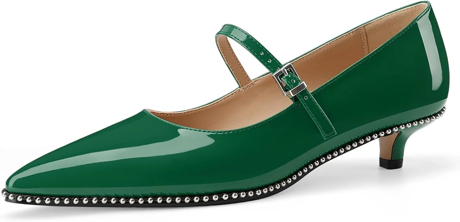 Women's Low Kitten Heels Patent Leather Beaded Pumps Pointed Toe Dressy Mary Jane Heels with Strap Metal Buckle for Ladies Sexy