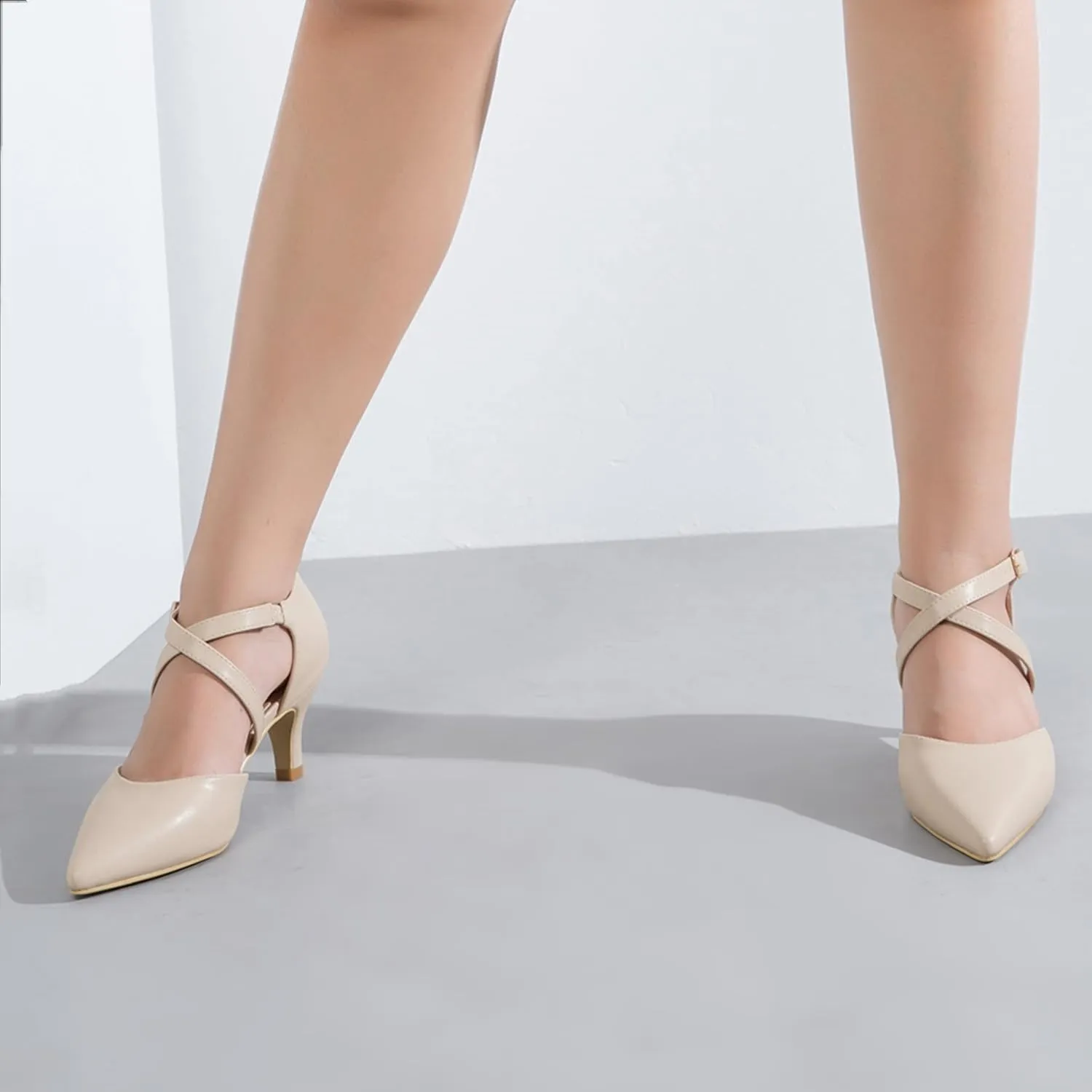 Women's Low Kitten Heels Pointed Toe Pumps Cross Strap Closed Toe D'Orsay Dress Wedding Bridal Party Office Shoes