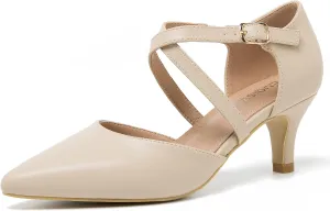 Women's Low Kitten Heels Pointed Toe Pumps Cross Strap Closed Toe D'Orsay Dress Wedding Bridal Party Office Shoes