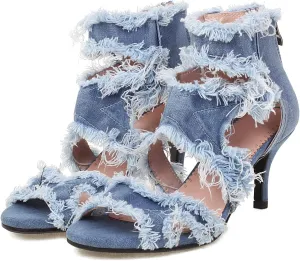 Women's Open Toe Denim High Heeled Sandals Fashion Comfortable Ankle Strap Stiletto Shoes