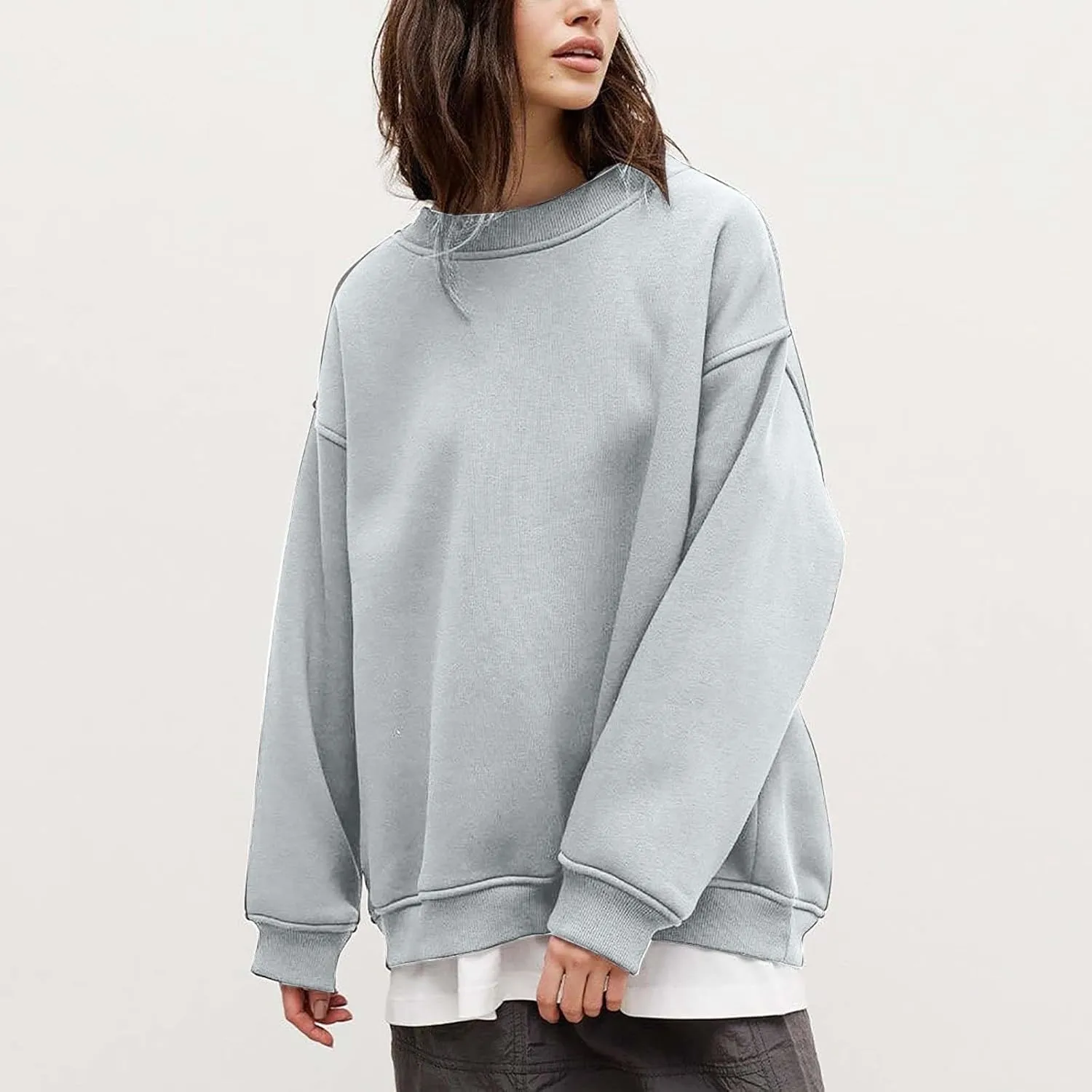 Women's Oversized Long Sleeve Sweatshirts Pure Color Round Neck Casual Pullover Shirt Fashion Going Out Clothes