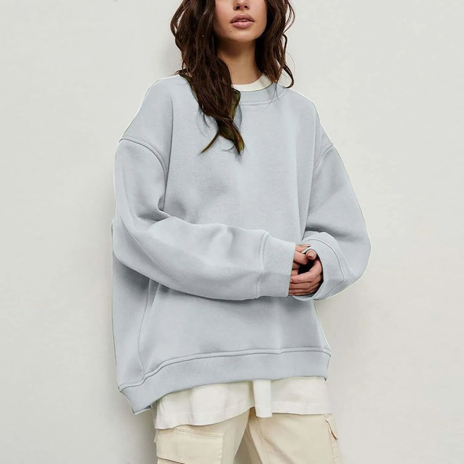 Women's Oversized Long Sleeve Sweatshirts Pure Color Round Neck Casual Pullover Shirt Fashion Going Out Clothes