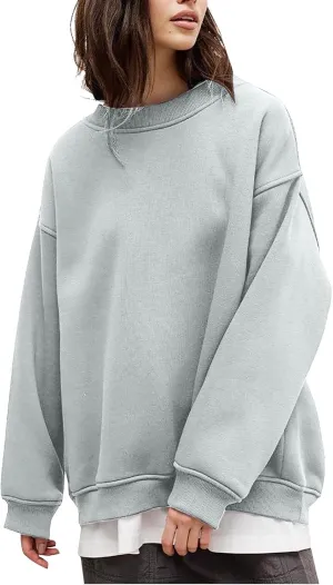 Women's Oversized Long Sleeve Sweatshirts Pure Color Round Neck Casual Pullover Shirt Fashion Going Out Clothes