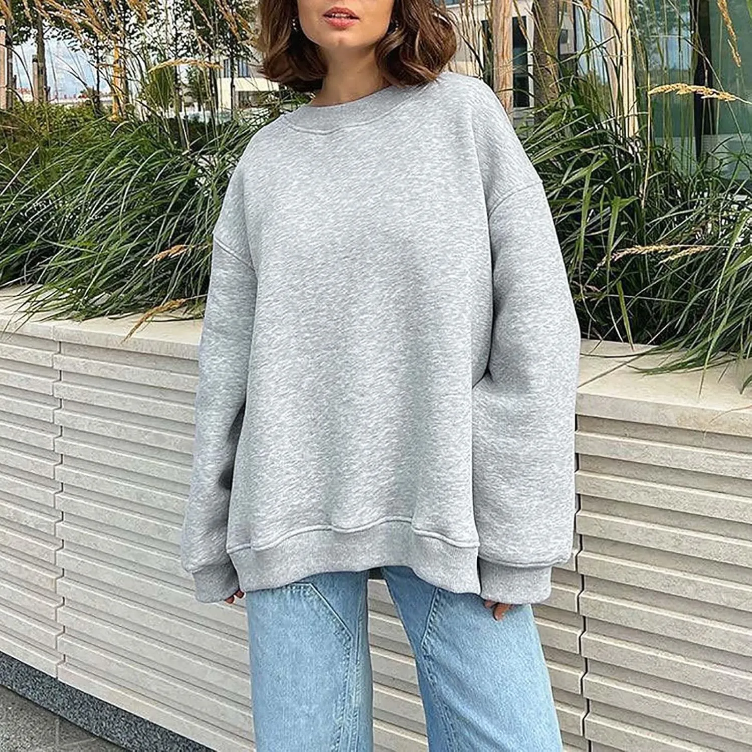 Women's Oversized Long Sleeve Sweatshirts Pure Color Round Neck Casual Pullover Shirt Fashion Going Out Clothes