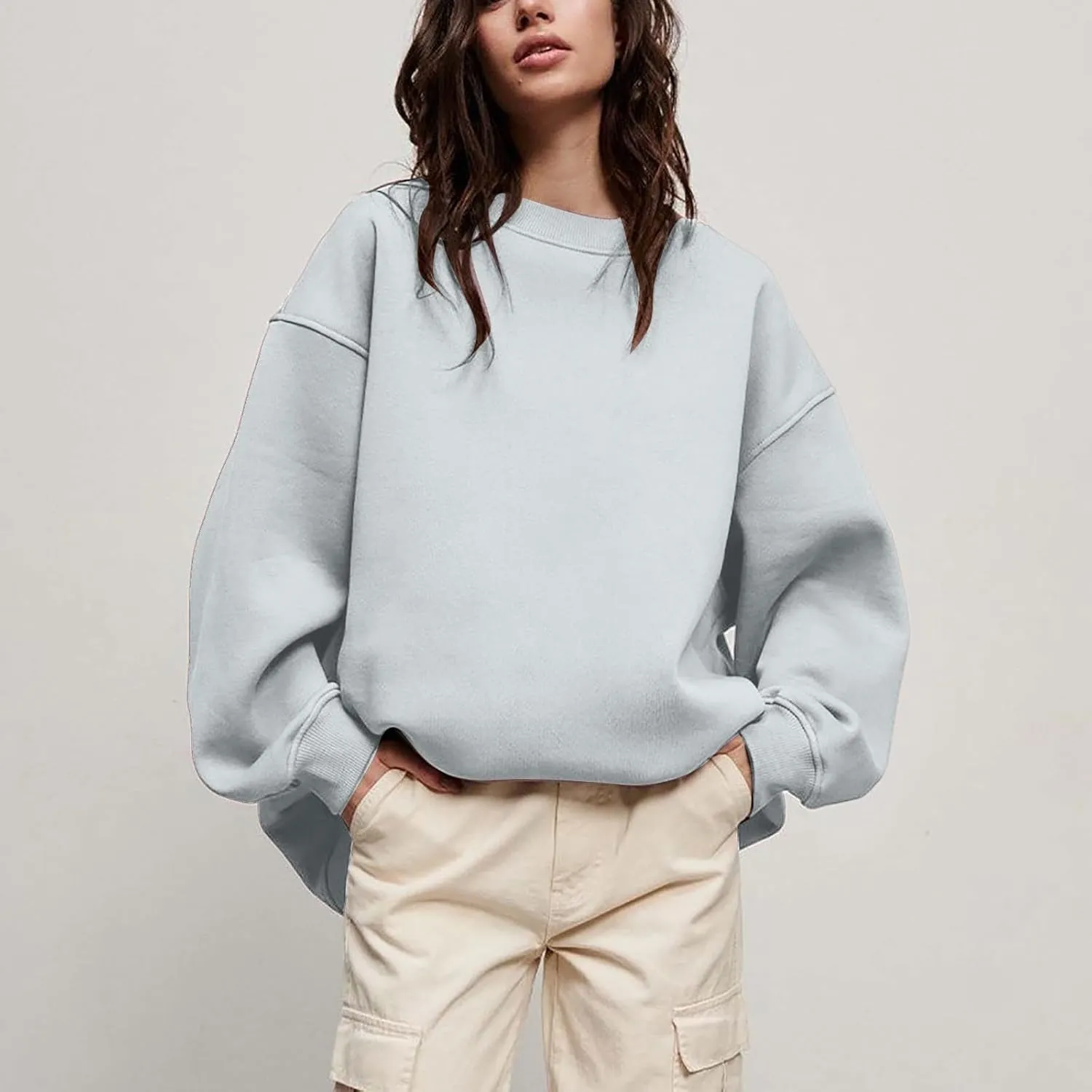Women's Oversized Long Sleeve Sweatshirts Pure Color Round Neck Casual Pullover Shirt Fashion Going Out Clothes