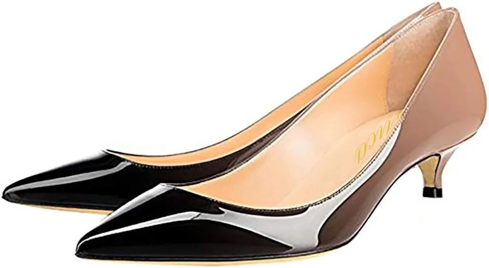 Women's Patent Leather Slip On Pointed Toe Ultra Low Kitten Heel Basic Dress Pumps Shoes