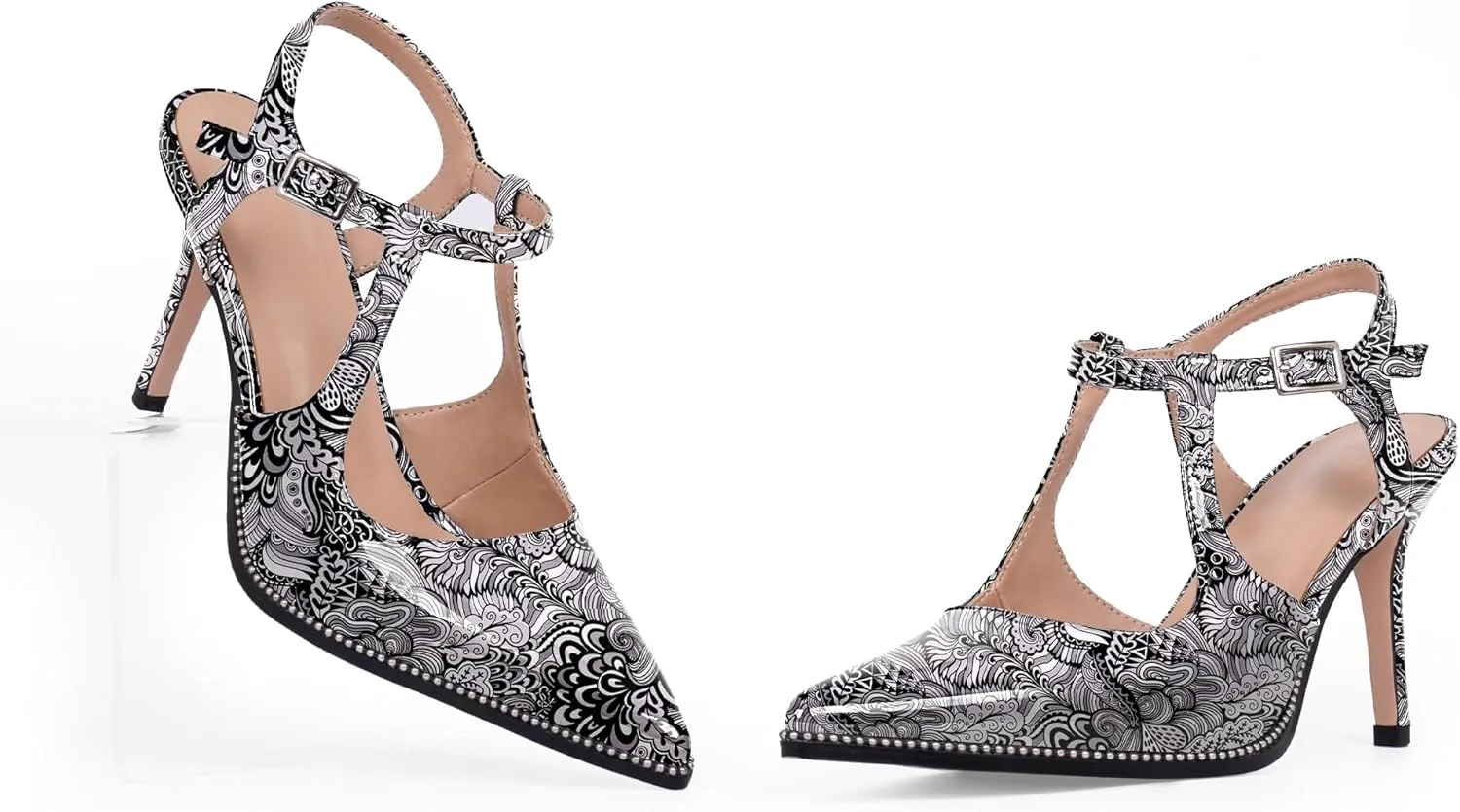 Women's Patent Leather T-Strap Stilettos High Heels Closed Pointed Toe Buckle Strap Dress Shoes Sexy Pumps