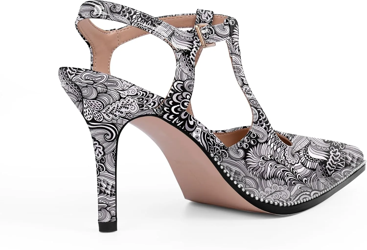 Women's Patent Leather T-Strap Stilettos High Heels Closed Pointed Toe Buckle Strap Dress Shoes Sexy Pumps