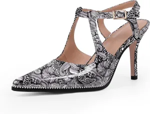 Women's Patent Leather T-Strap Stilettos High Heels Closed Pointed Toe Buckle Strap Dress Shoes Sexy Pumps