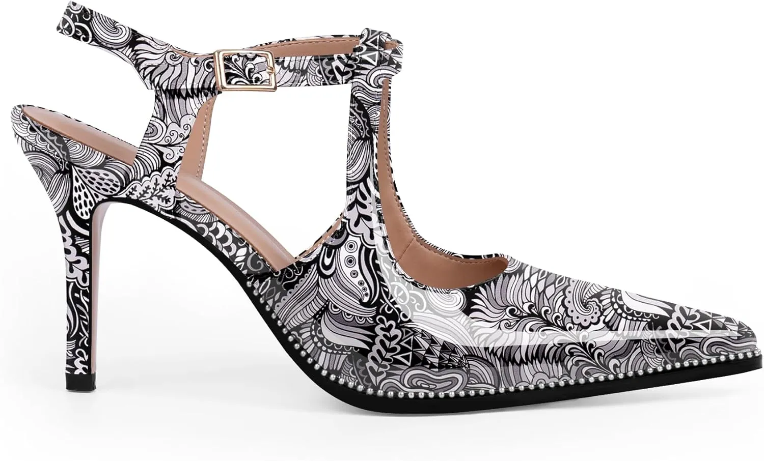 Women's Patent Leather T-Strap Stilettos High Heels Closed Pointed Toe Buckle Strap Dress Shoes Sexy Pumps