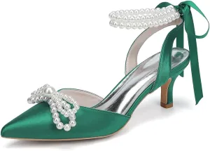 Women's Pearl Kitten Heels with Bow Satin Wedding Shoes for Bride Low Heels Bridal Shoes Pointed Toe Slingback Heels Pumps