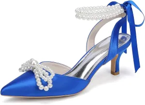 Women's Pearl Kitten Heels with Bow Satin Wedding Shoes for Bride Low Heels Bridal Shoes Pointed Toe Slingback Heels Pumps