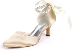 Women's Pearl White Low Heel Comfortable Pointed Toe Wedding Shoes for Bride - Satin Bridal Pumps Sandals for Prom Party Dress