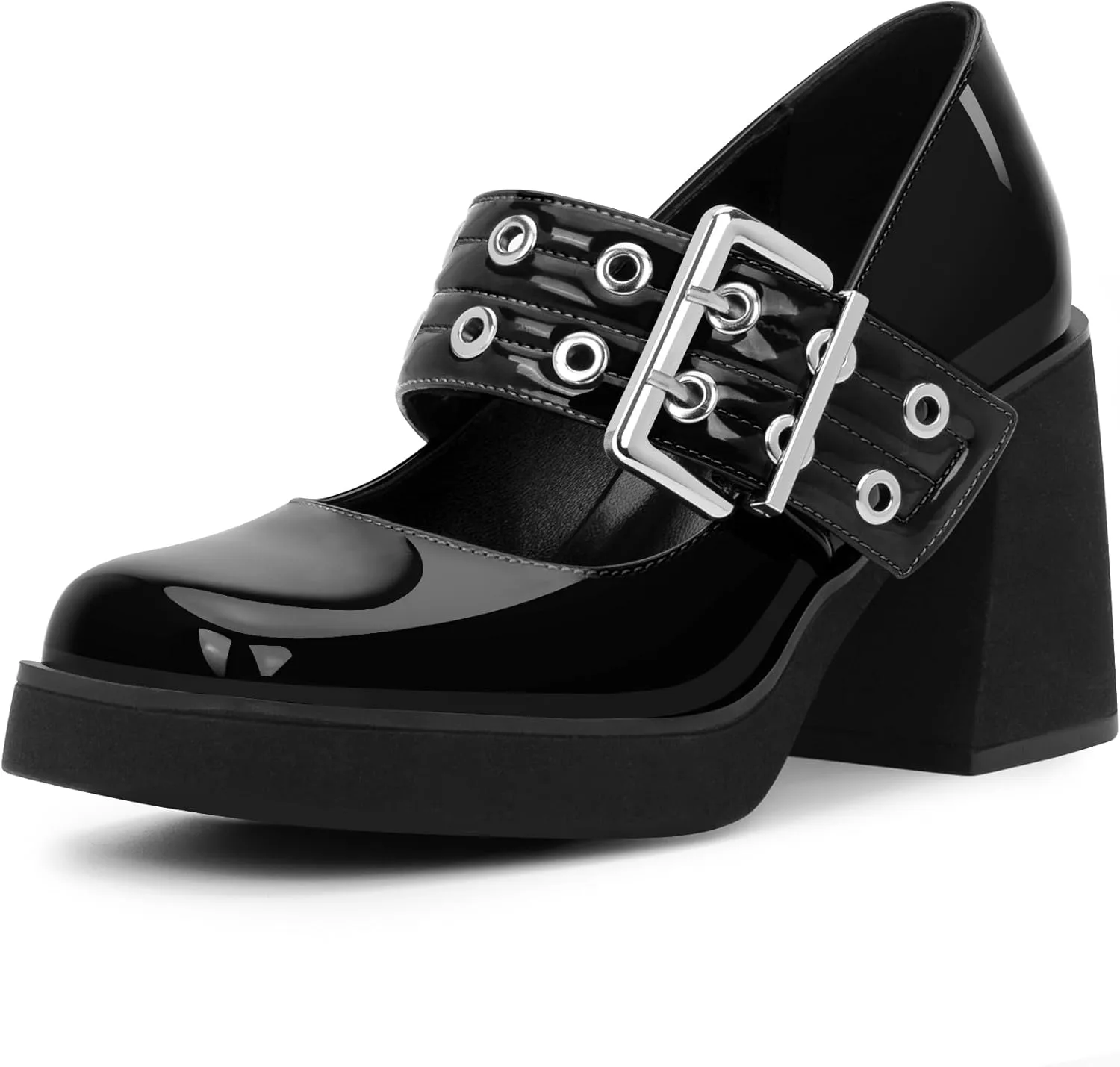 Women's Plafrom Block High Heel Buckle Strap Mary Janes Pumps Punk Closed Toe Shoes