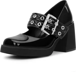 Women's Plafrom Block High Heel Buckle Strap Mary Janes Pumps Punk Closed Toe Shoes