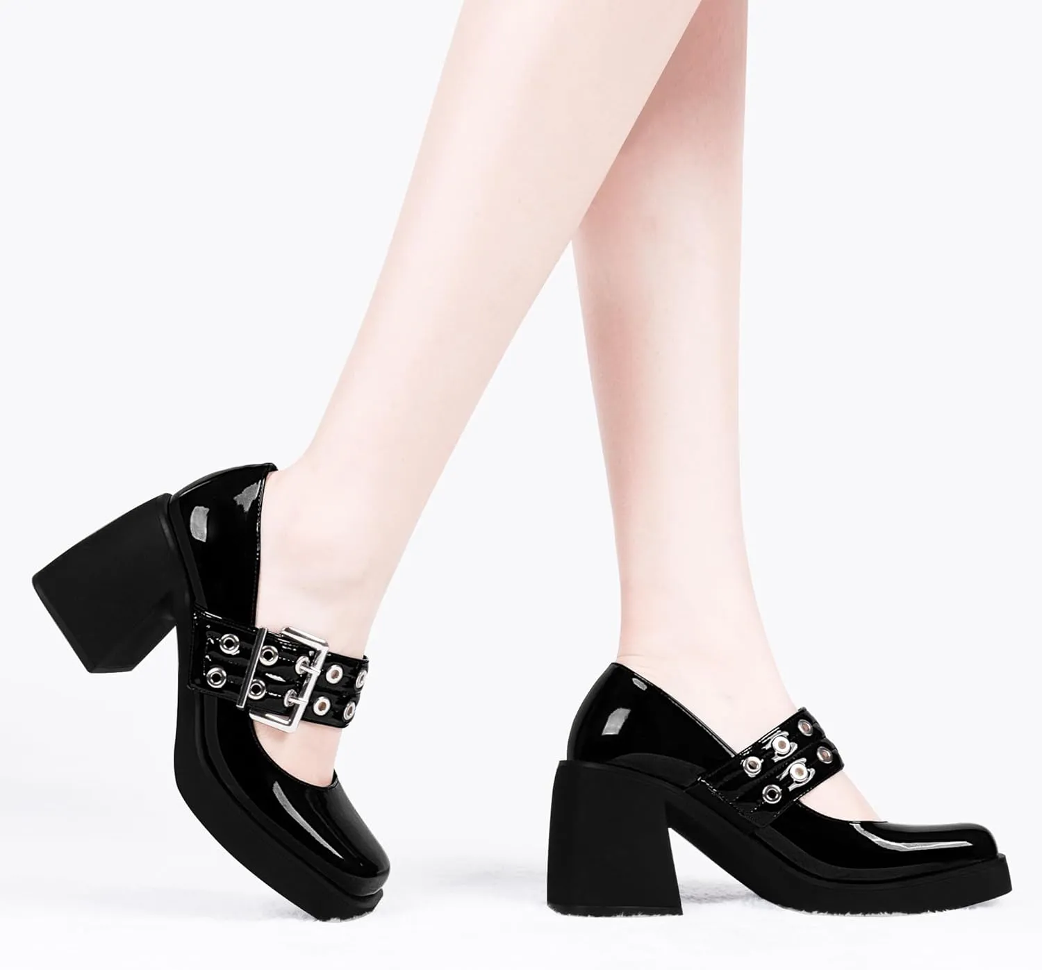 Women's Plafrom Block High Heel Buckle Strap Mary Janes Pumps Punk Closed Toe Shoes